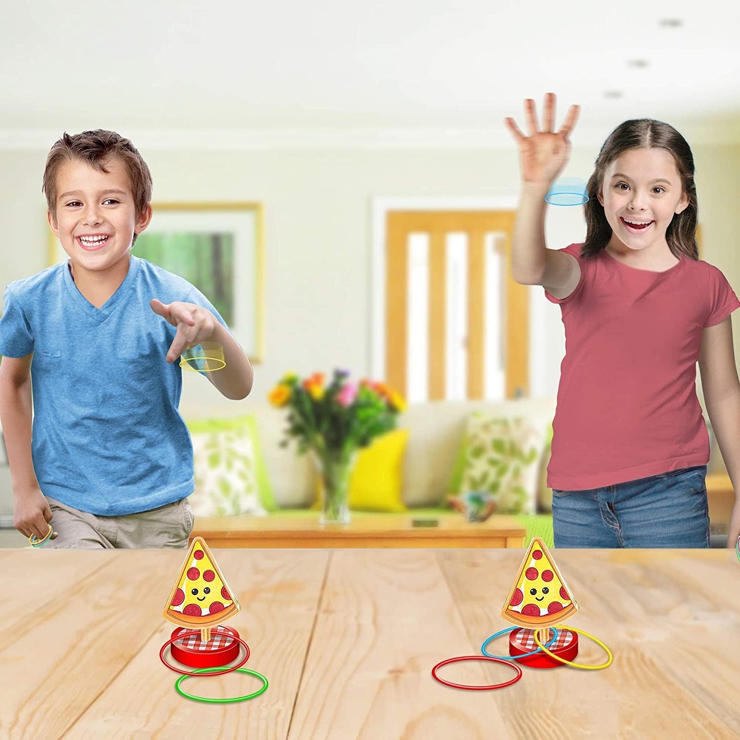 Gamie Pizza Ring Toss Games for Kids, Set of 6, Mini Desktop Ring Tossing Games with Pizza Stand and 4 Rings, Carnival Birthday Party Favors, Goodie Bag Fillers, Fun Indoor Toys for Boys and Girls