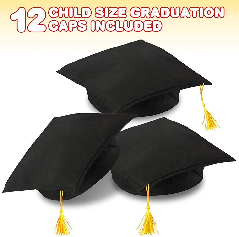 Black Graduation Caps for Kids, Pack of 12, Child-Size Grad Hats for Preschool, Kindergarten Boys, Girls, Children, Comfortable Felt Graduation Caps with Yellow Tassels