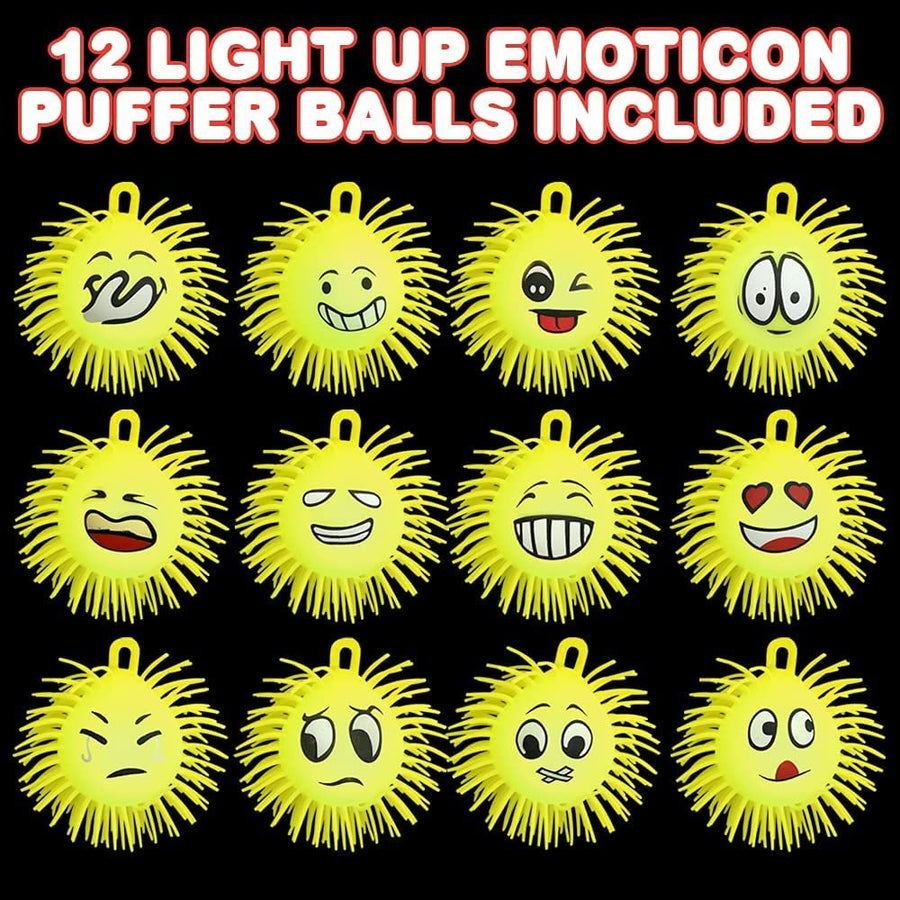 Light Up Emoticon Spiky Puffer Balls, Pack of 12, Soft Squeeze Stress Relief Fidget Toys for Kids and Adults, Calming Squeezy Sensory Balls for Autistic Children, Birthday Party Favors