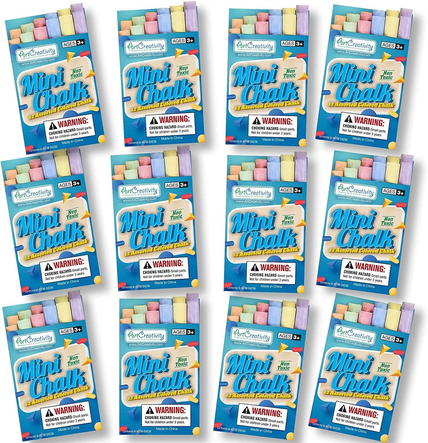 Mini Chalk Set for Kids - 12 Boxes - Each Box Has 12 Blackboard Chalk Sticks - Non-Toxic Art and Craft Supplies - Birthday Party Favors for Boys and Girls - Fun Goody Bag Fillers