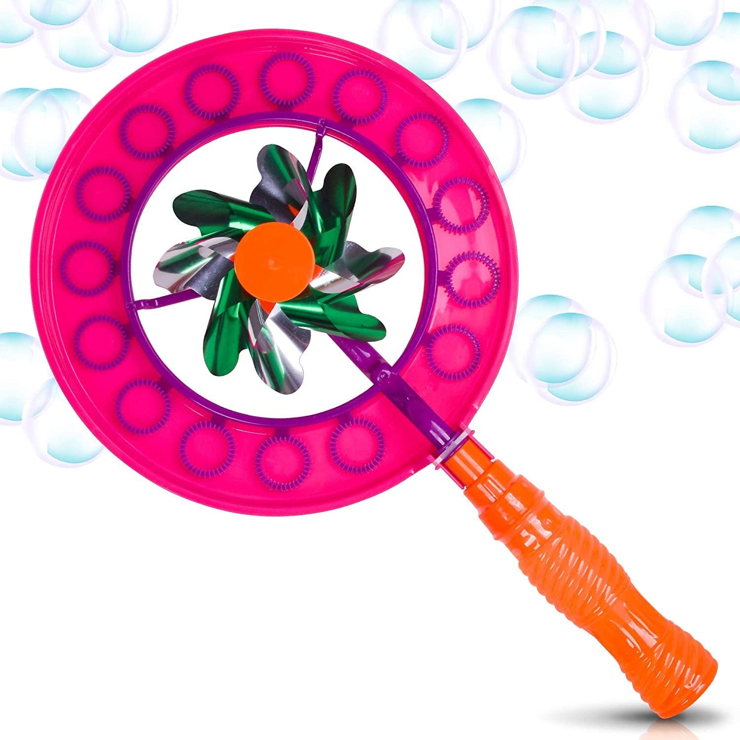 Windmill Bubble Wand, 15.5" Bubble Blower and Pinwheel Spinner for Kids with Solution in Handle, Outdoor Activity for Summer and Backyard Fun, Best Gift for Boys and Girls