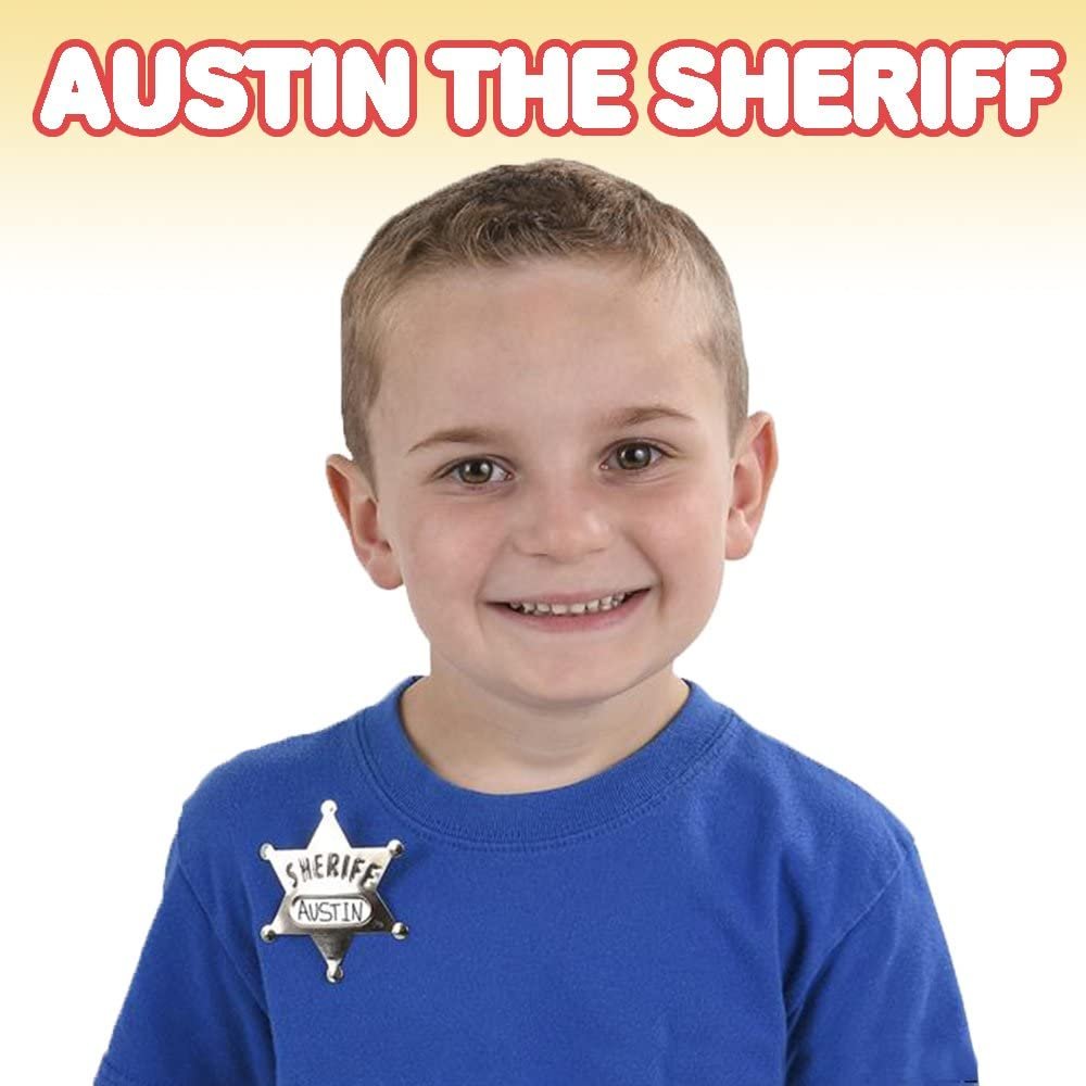 Metal Sheriff Badges - Pack of 12 - with a Space for Personalized Name and Safety Pin Enclosure - Fun Party Favor - Police Pretend Play - Amazing Gift Idea for Boys and Girls Ages 4+