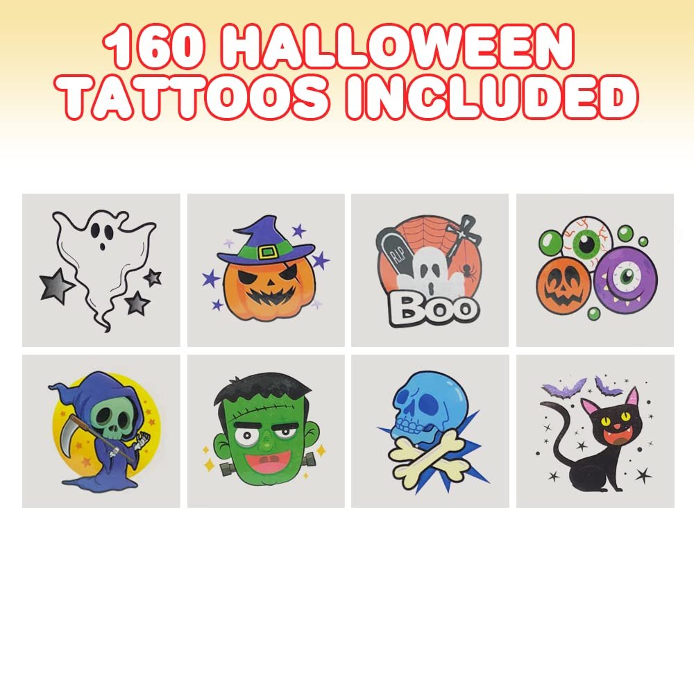Assorted Halloween Temporary Tattoos for Kids - Pack of 160 - 2" Non-Toxic Tats Stickers for Boys and Girls, Great for Halloween Party Favors, Treats, Décor, Goodie Bags - 8 Designs
