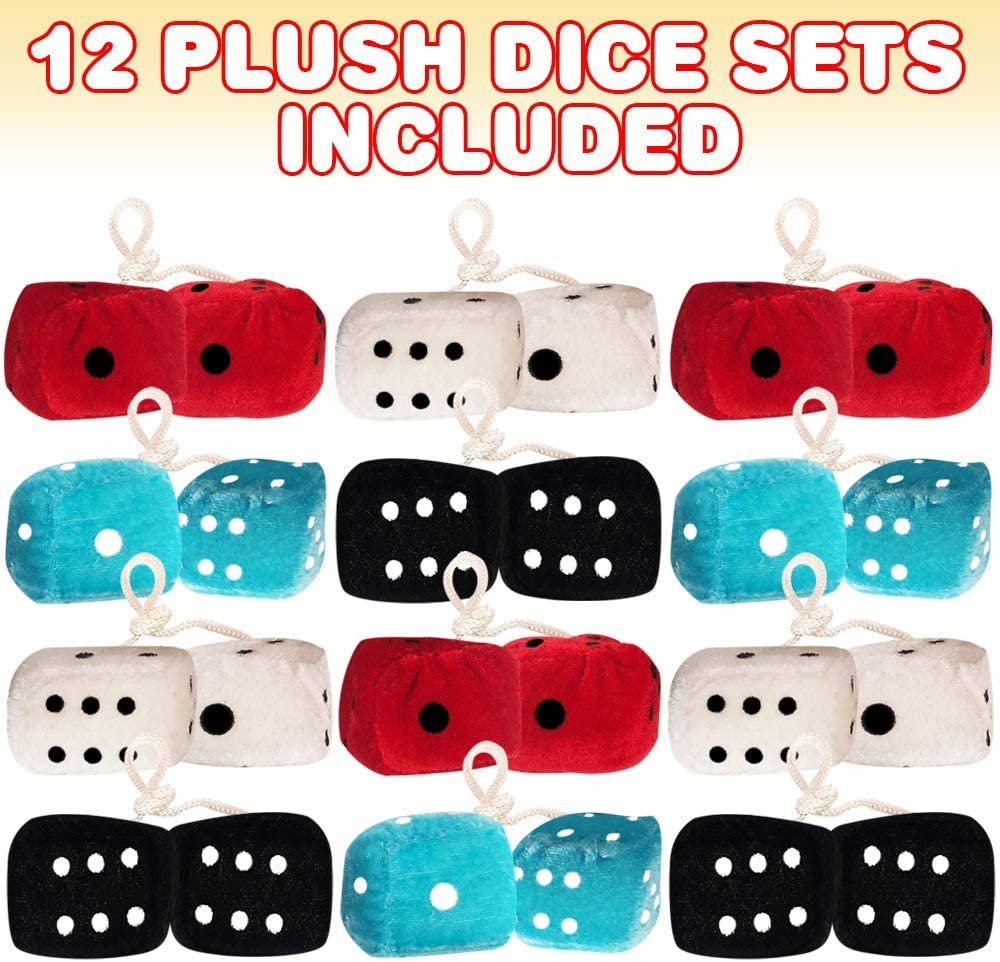 Plush Dice for Kids and Adults, 12 Dice Pairs, Fun Casino Party Favors, 1.5" Fuzzy Dice in Assorted Colors, Vegas Party Supplies, Cool Goodie Bag Fillers for Boys and Girls