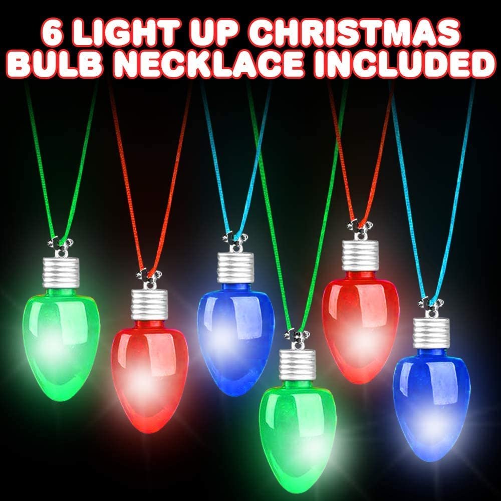 Light-Up Christmas Bulb Necklaces, Set of 6, Festive Holiday Necklaces in Assorted Colors, Flashing Christmas Accessories for Women, Men, and Kids, Xmas Party Favors, Stocking Stuffers