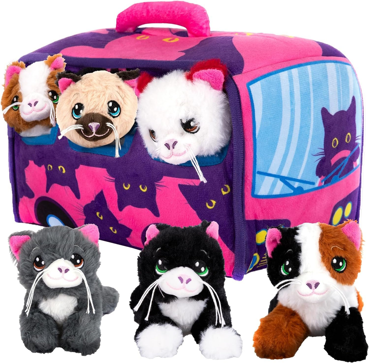 Kitten Stuffed Animals, 6 Stuffed Cat Plush with Carrier Bus House Playset, Kitty Toys Birthday Gifts for Girls and Boys, Stuffed Animals in Bulk for Classroom Party, Travel Road Trip