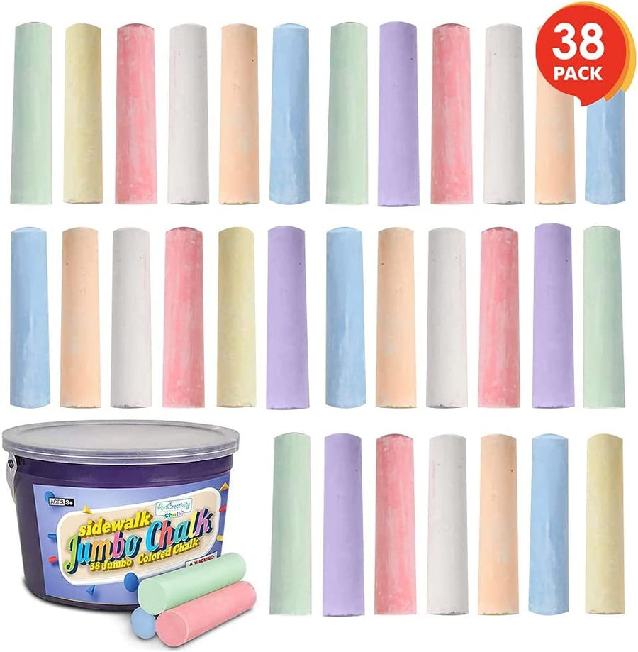Jumbo Sidewalk Chalk Set, 38 Colorful Dust Free & Washable Chalk Pieces in Portable Storage Bucket