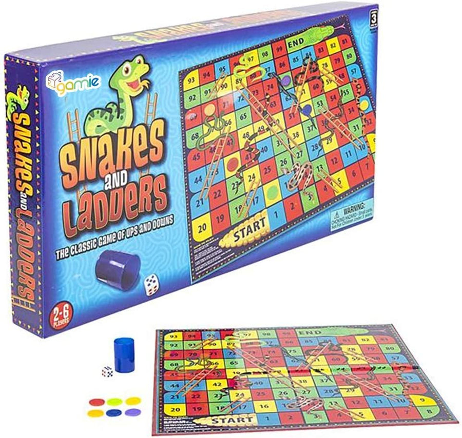 Gamie Snakes and Ladders Board Game for Kids, Complete Set with Board, 6 Pegs, and Dice, Classic Fun for Family Game Night and Classroom, Best Birthday Gift Idea for Boys and Girls