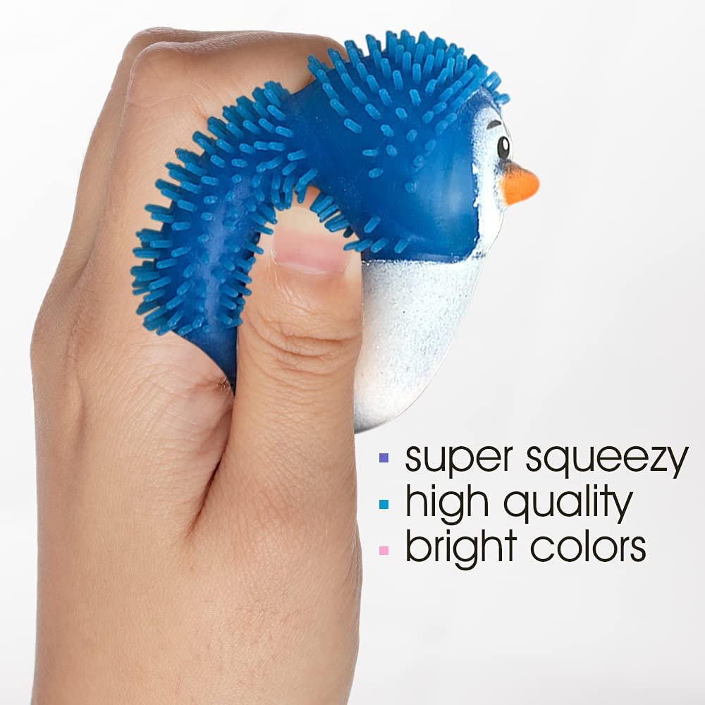 Puffer Penguins, Set of 12, Fidget Toys for Kids with Soft Rubbery Spikes, Stress Relief Toys in Assorted Colors, Party Favors, Goodie Bag Fillers for Boys and Girls