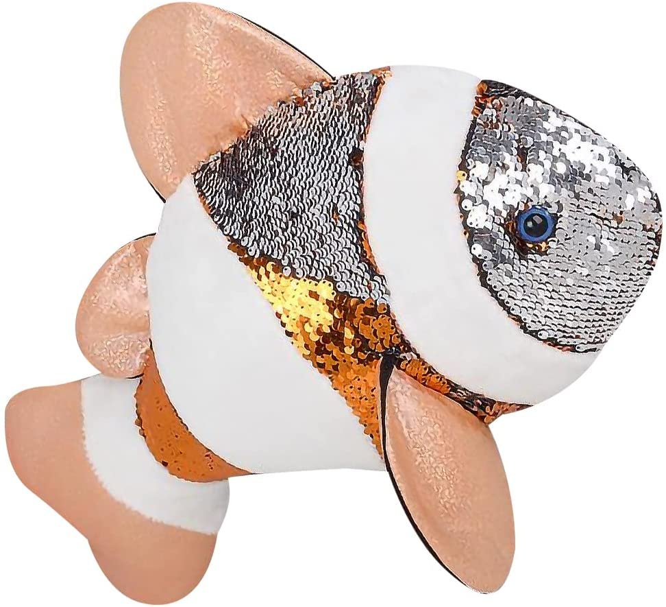 Flip Sequin Clown Fish Plush Toy, 1 PC, Soft Stuffed Clownfish with Color Changing Sequins, Cute Home and Nursery Animal Decorations, Calming Fidget Toy for Girls and Boys, 18"es