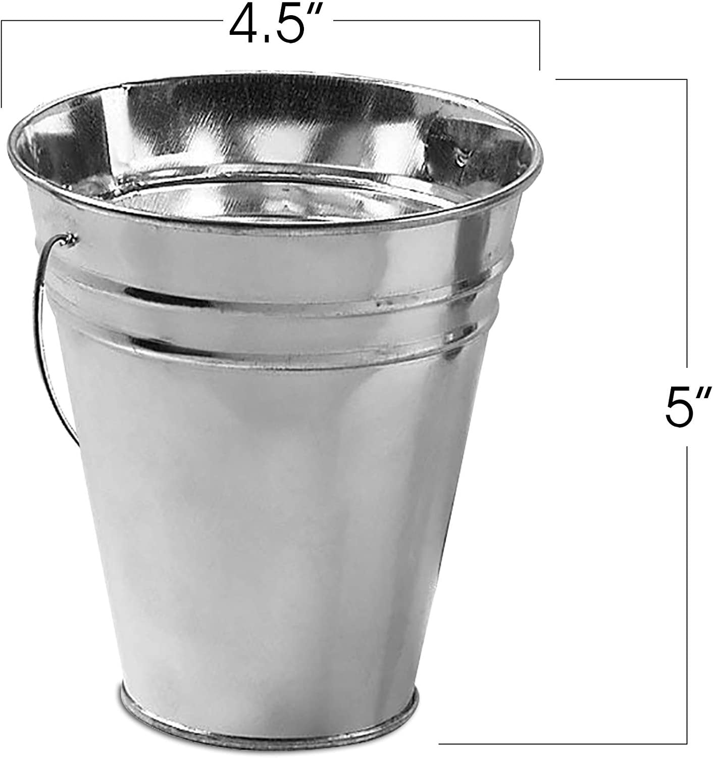 Large Galvanized Metal Buckets with Handles, 4.5" W x 5" H, 12 Pack, Metallic Pails for Party Favors, Rustic Wedding Decoration, Centerpieces for Party, Ice Bucket, Vase, Garden Planters
