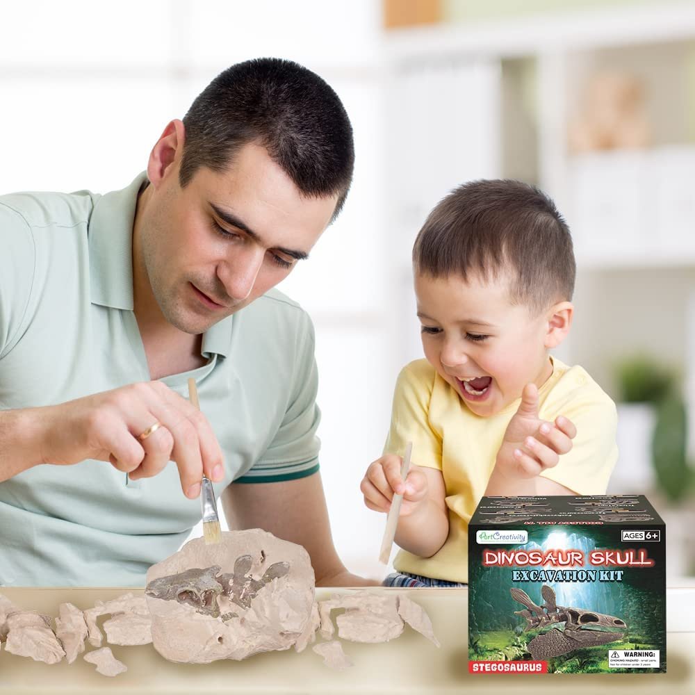 Dinosaur Excavation Kit for Kids, 5.5” Stegosaurus Skull Excavating Set with Fossil Digging Tools and Stand, Fun Science Activity Toy, Educational Dinosaur Gift for Boys and Girls