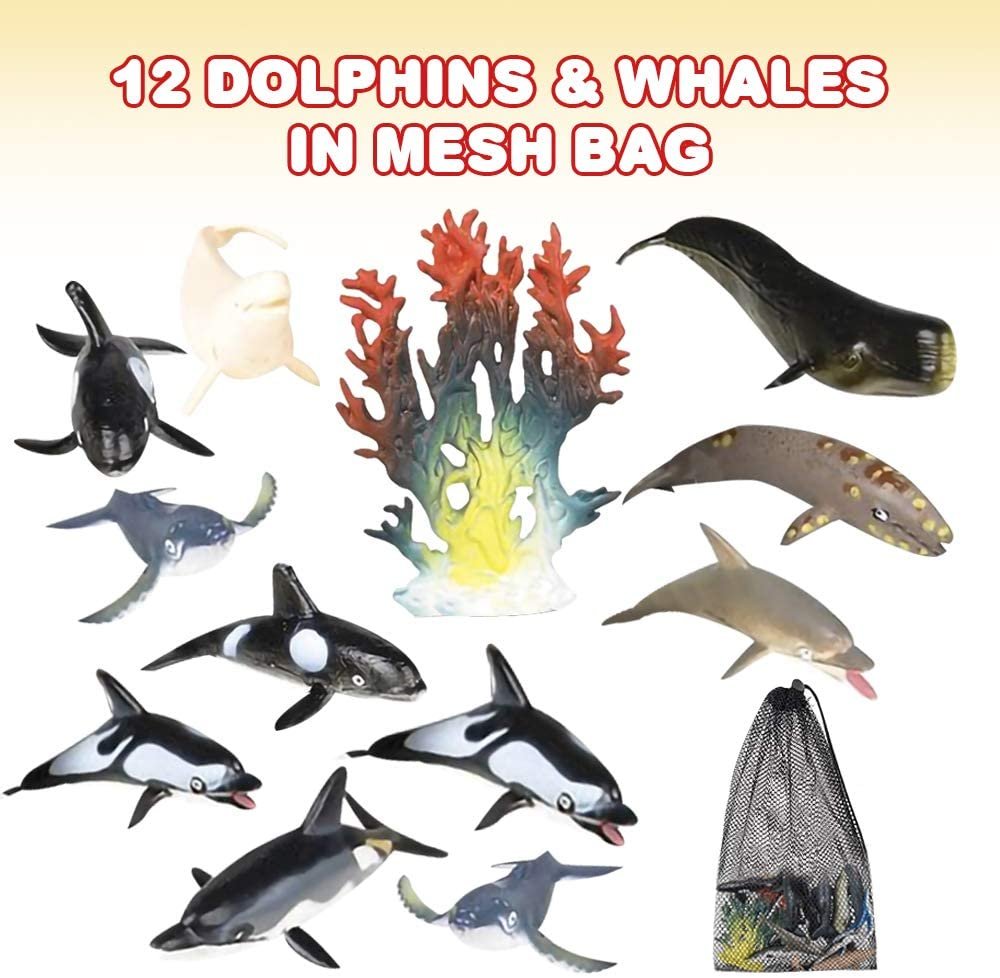 Dolphins & Whales in Mesh Bag, Pack of 12 Sea Creature Figurines in Assorted Designs, Bath Water Toys for Kids, Ocean Life Party Décor, Party Favors for Boys and Girls
