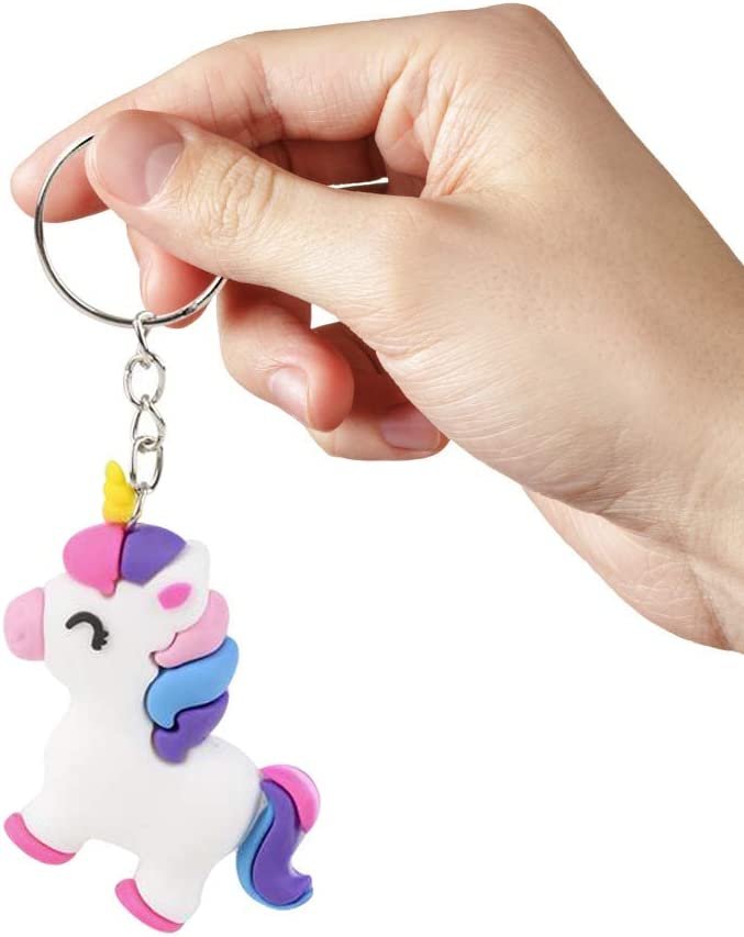 Unicorn Rubber Keychains, Set of 12, Fun Key Chains for Backpack, Purse, Luggage, Unicorn Birthday Party Favors for Kids, Goodie Bag Fillers, Small Prizes for Boys and Girls