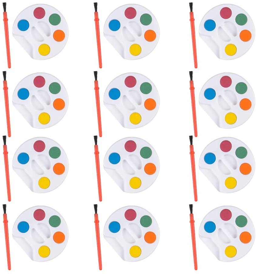 Mini Paint Sets - Pack of 12 - Each Set Incudes Five Water Paint Colors Paint in Tray with Painting Brush - Artistic Crafts and Supplies - Great for Schools, Party Favor, Prize for Kids