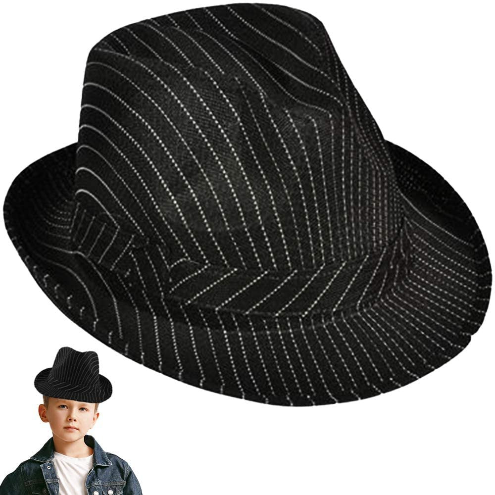 Pinstripe Fedora for Kids and Adults, Stylish Black Fedora with White Stripes, Dress-Up Accessories for Pretend Play, Cool Halloween Costume Prop, Classic Fedora for All-Year Wear