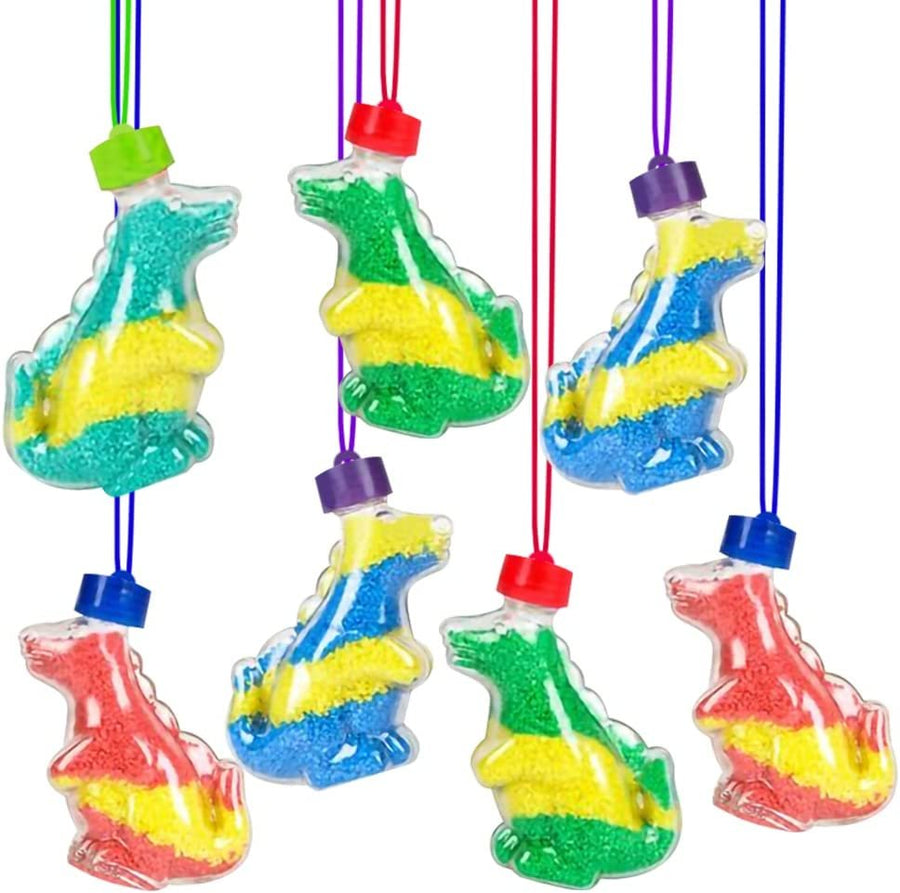 Sand Art Dinosaur Bottle Necklaces, Pack of 12, Sand Art Craft Kit with Dinosaur Shaped Bottles, Craft Party Supplies and Party Favors for Kids - Sand Sold Separately