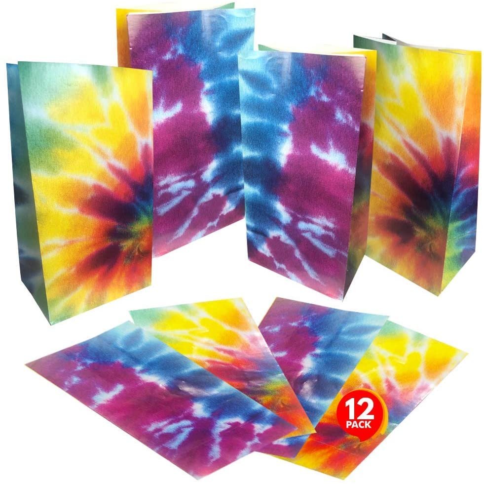 Tie Dye Paper Party Favor Bags, Pack of 12, Fun Themed Goodie Gift Bags, Durable Treat Bags, Retro Party Supplies and Favors for Birthday, Baby Shower, Holiday Goodies