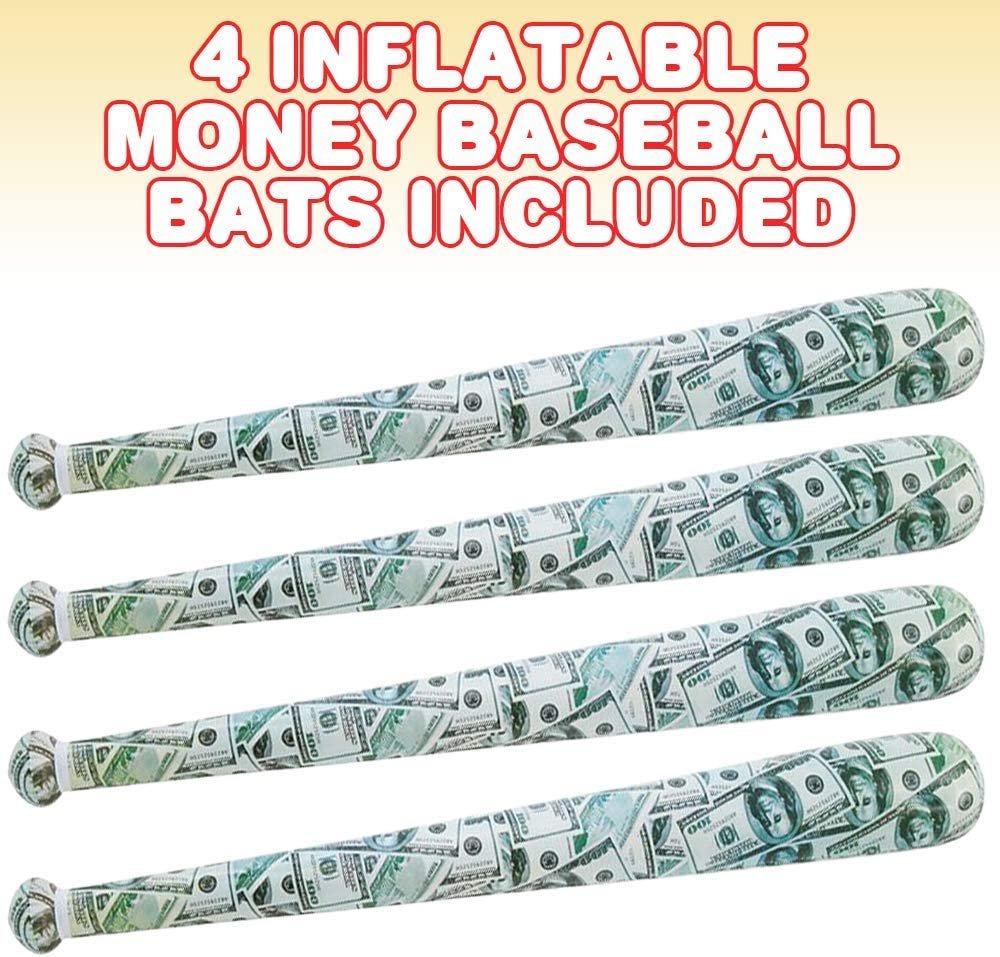 Money Baseball Bat Inflates for Kids, Set of 4, 40" Durable Inflates, Cool Sports Birthday Party Favors, Decorations, and Supplies, Carnival Party Prizes
