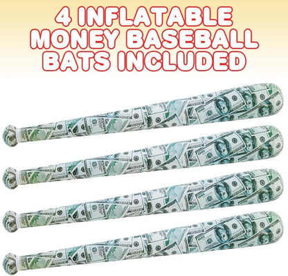 ArtCreativity Money Baseball Bat Inflates for Kids, Set of 4, 40 Inch Durable Inflates, Cool Sports Birthday Party Favors, Decorations, and Supplies, Carnival Party Prizes