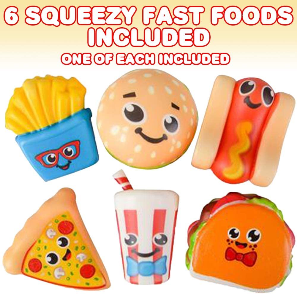 Fast Food Squeeze Toys for Kids, Set of 6, Super Soft Slow Rising Stress Relief Toys in 6 Cute Designs, Squeezable Birthday Party Favors and Goodie Bag Fillers