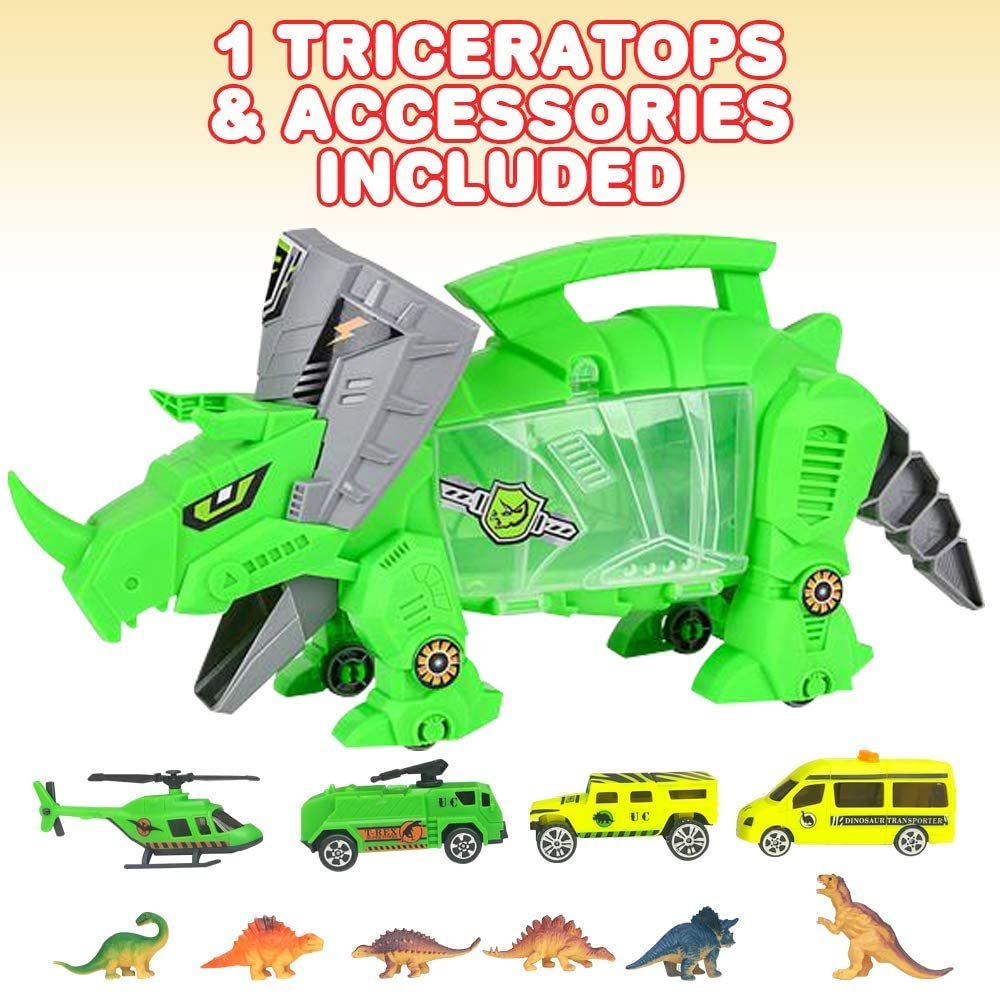 ArtCreativity Triceratops Transporter, Dinosaur Toy Storage Organizer with Assorted Car Toys, Dinosaur Figurines, and Wheels, Cool Dinosaur Playset for Boys and Girls, Great Birthday Gift Idea