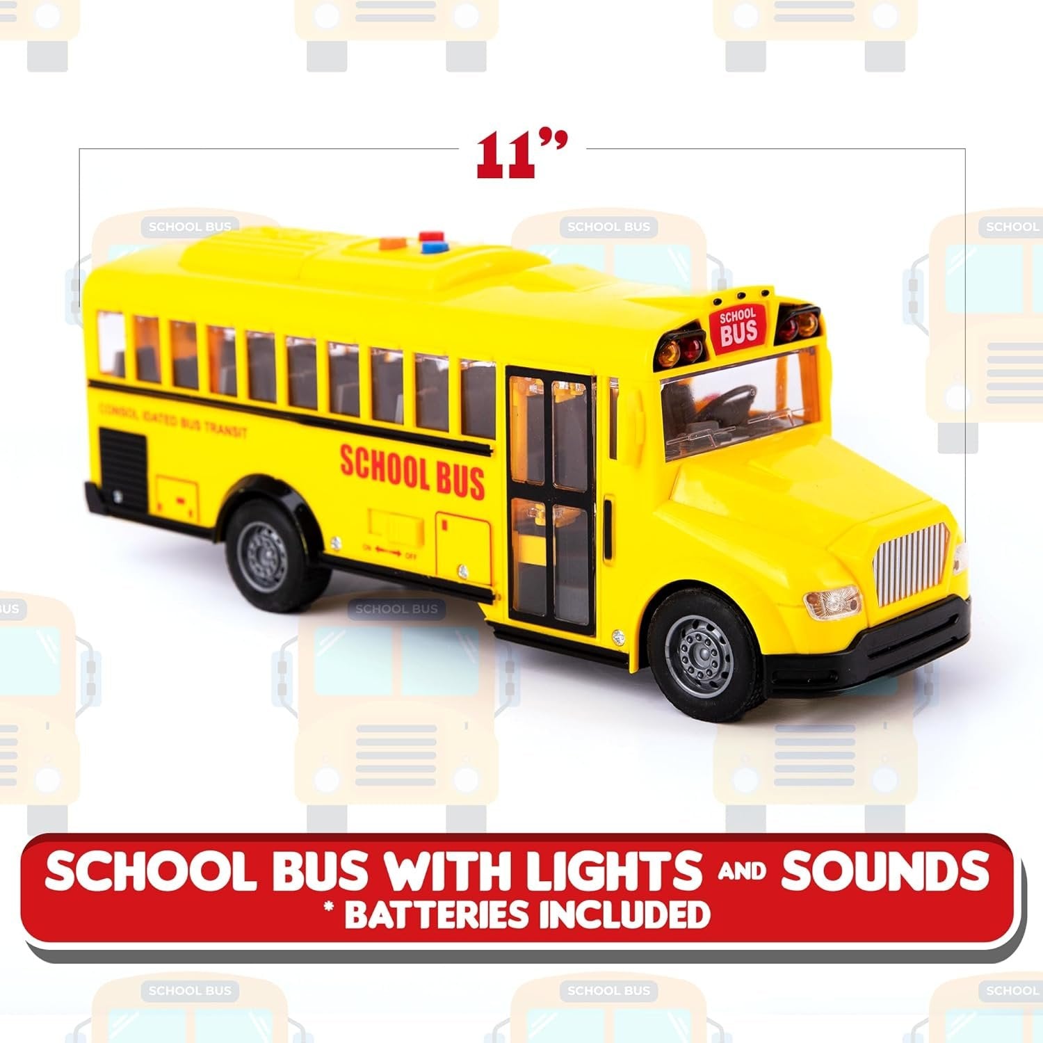Yellow School Bus with Flashing Lights & Sound, Friction Powered 11" Toy School Bus