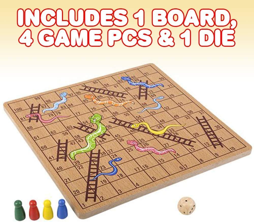 Gamie Wooden Snakes and Ladders Board Game, Complete Set with Board, 4 Pegs, and 1 Die, Classic Fun for Family Game Night and Classroom, Best Birthday Gift Idea for Boys and Girls