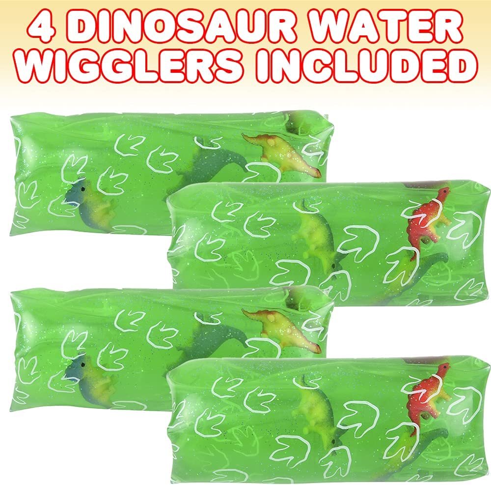 Jumbo Dinosaur Water Wigglers, Set of 4, Fidget Toys for Kids with Dinosaur Figurines and Glitter Inside, Stress Relief Toys for Boys and Girls, Dinosaur Party Favors for Children