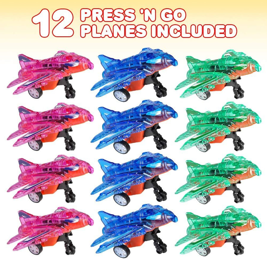 Press and Go Transparent Airplane Toys, Set of 12, Fighter Jet Toys in Assorted Colors, Aviation Party Favors for Kids, Goodie Bag Fillers and Teacher Rewards