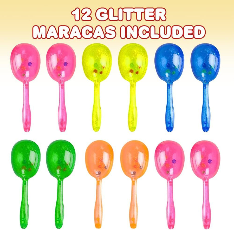 5.5" Glitter Maracas for Kids, Set of 12, Neon Music Hand Shakers, Fun Noise Makers and Toy Musical Instruments, Birthday Party Favors, Fiesta Decorations, Goodie Bag Fillers