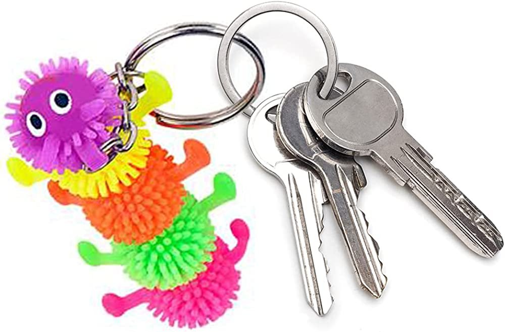 Rubber Puffer Caterpillar Keychains for Kids, Set of 12, Key Chains with Caterpillar Fidget Toy, Stress Relief Toys for Kids & Adults, Keyholder Birthday Party Favors, Goodie Bag Fillers