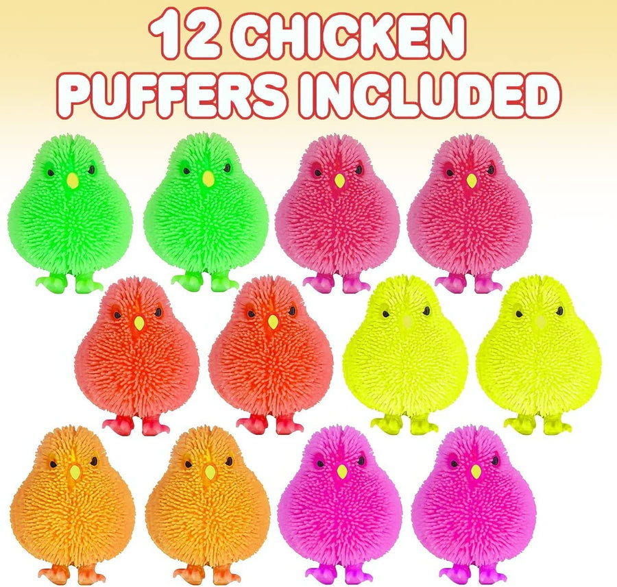 3" Chicken Puffers, Pack of 12, Chick Surprise Toys for Filling Easter Eggs, Easter Party Favors, Egg Hunt Supplies, Stress Relief Toys for Kids, Assorted Neon Colors