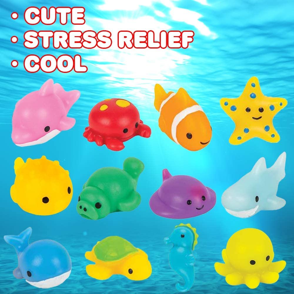 Squishy Sea Life Animals, Set of 24, Soft and Gooey Aquatic Toys for Kids, Assorted Gummy Sea Creatures, Under-The-Sea Party Favors, Ocean Party Goody Bag Fillers for Boys & Girls