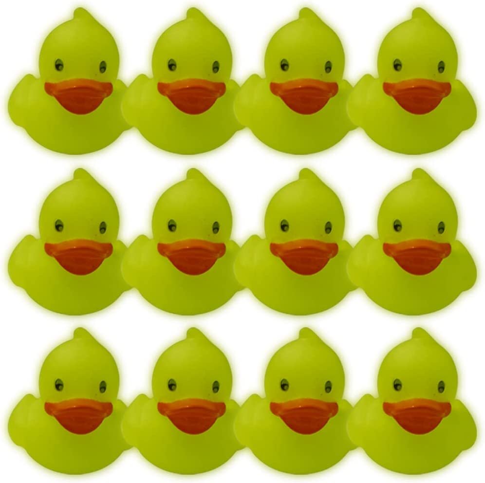 Mini Glow in the Dark Duck Toys, Set of 12, Glow Rubber Ducks for Carnival Duck Pond Game Supplies, Great for Glow in the Dark Decorations and Carnival Party Favors, 1.5"es Tall
