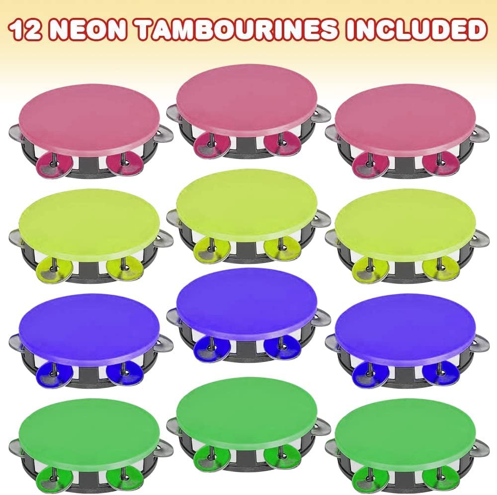 Neon Tambourines for Kids, Set of 12, Percussion Musical Instruments for Boys and Girls, Durable Plastic and Metal Noisemakers, Birthday Party Favors and Goodie Bag Fillers, 4 Colors