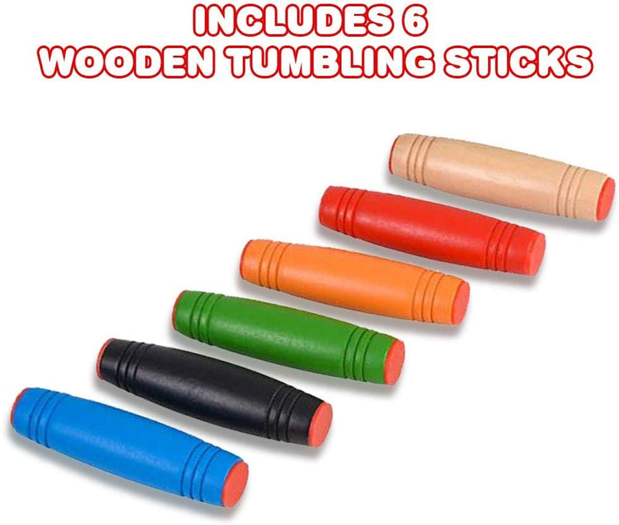 3.5" Wooden Tumbling Sticks, Fidget Toys for Kids and Adults - Set of 6 - Stress and Anxiety Relief Sensory Toys - Birthday Party Favors, Goody Bag Fillers - Assorted Colors