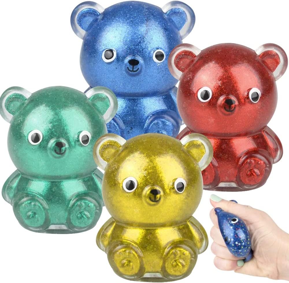 ArtCreativity Squish Sticky Bear, Set of 4, Glittery Squeeze Stress Relief Toys for Kids, Fidgeting Anxiety Toys in Assorted Colors, Fidget Toys for Children, Goodie Bag Fillers, Party Favors