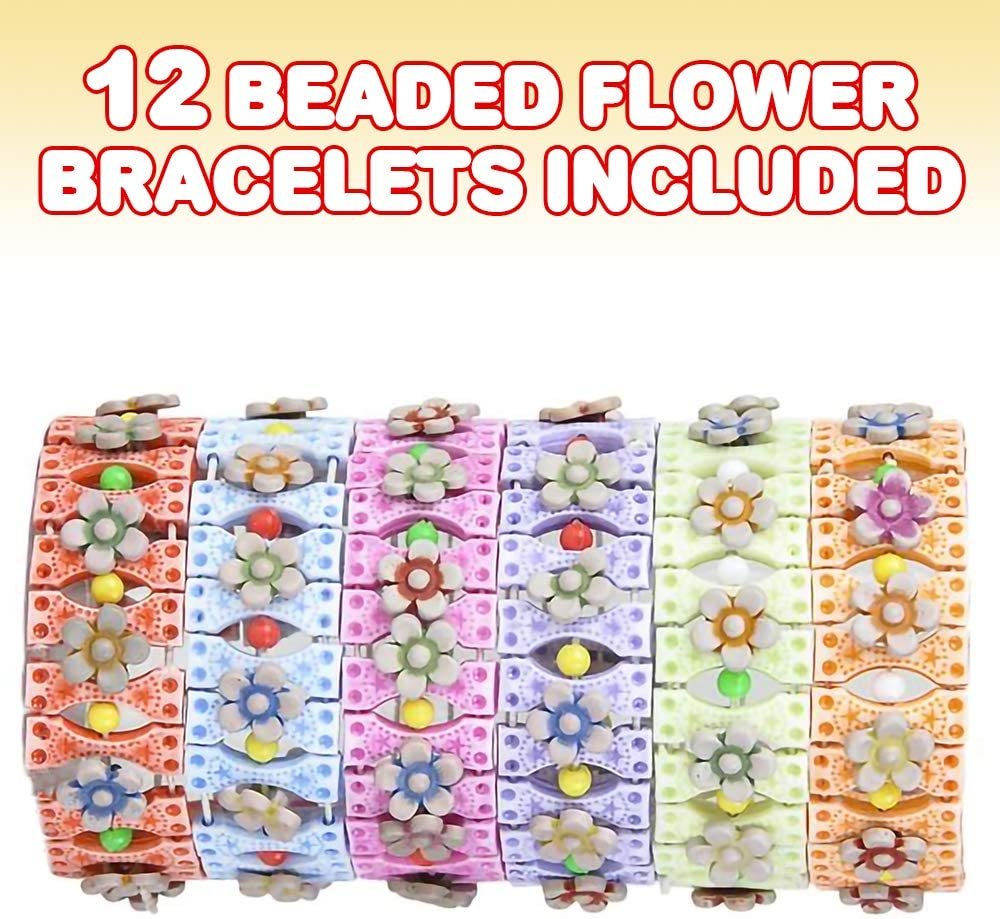 Beaded Stretch Flower Bracelets - Pack of 12 - Novelty Wristbands with Floral Design and Assorted Colors - Cute Party Favor, Carnival Prize, Toy Jewelry Bracelets for Kids and Adults