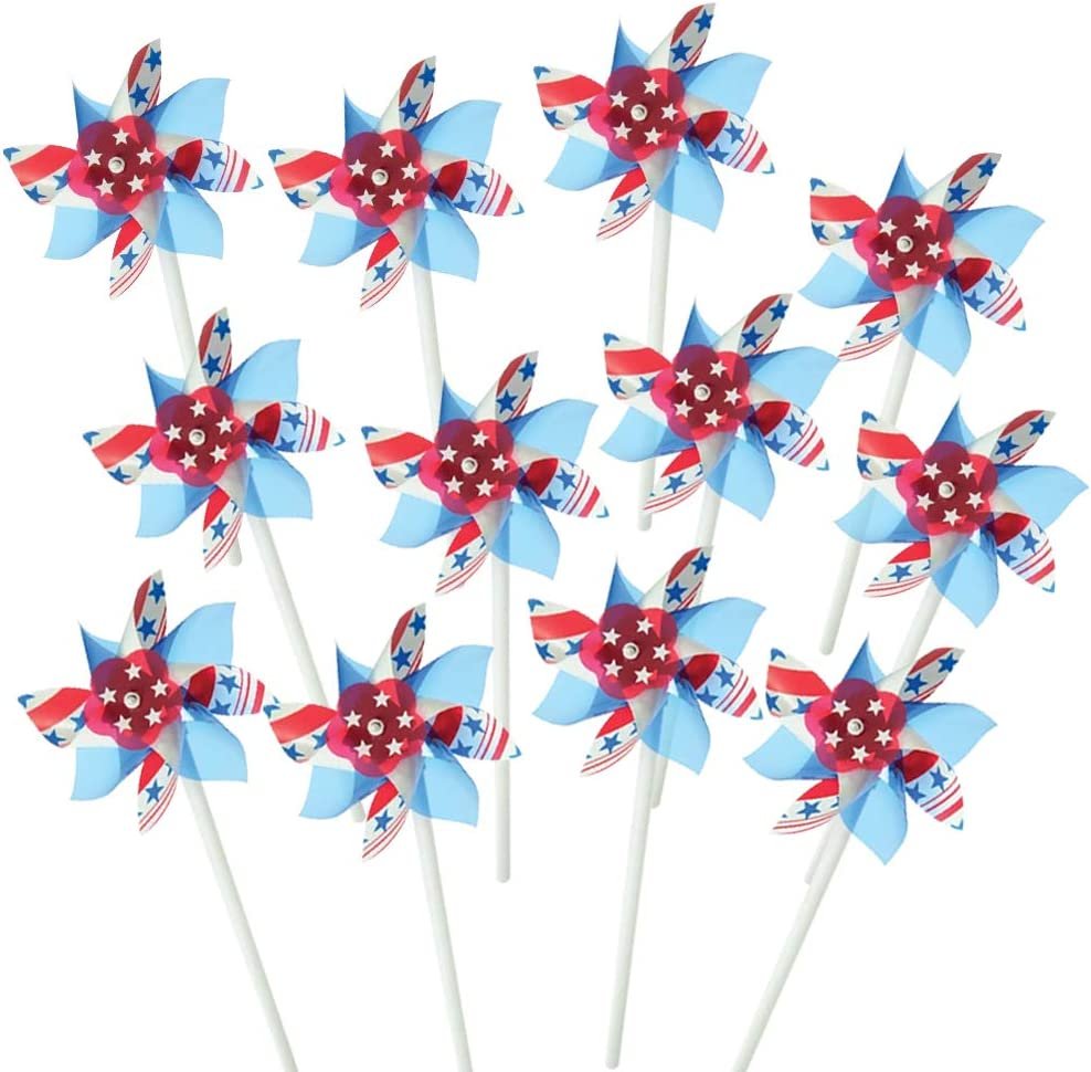 ArtCreativity 4 Inch Stars and Stripes Pinwheels, Set of 12, Red, White, and Blue, Independence Day Decorations, July 4th Décor for Yard, Garden, Lawn, Patriotic Party Favors for Kids