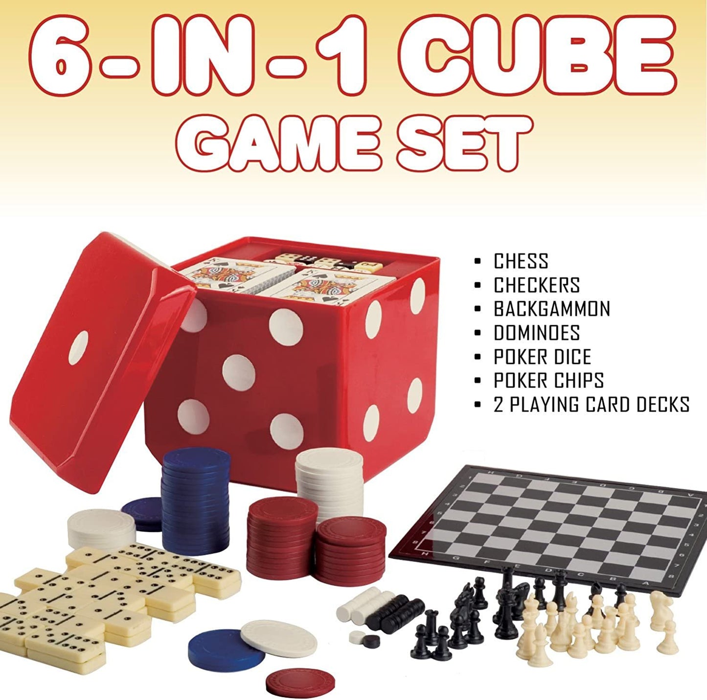 6-IN-1 Dice Cube Game Set - by GAMIE - Board Game and Casino Set – Includes Chess, Checkers and Backgammon, 2 Decks of Playing Cards, Poker Chips, Poker Dice and Dominoes - Complete Kit for Family Fun
