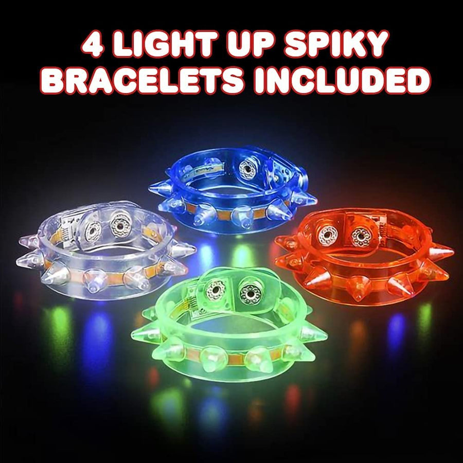 Light Up Spiky Bracelets, Set of 4, LED Bracelets for Kids with Multi-Color Lights, Wristbands for Girls, Boys, and Adults, LED Party Favors and Goodie Bag Fillers