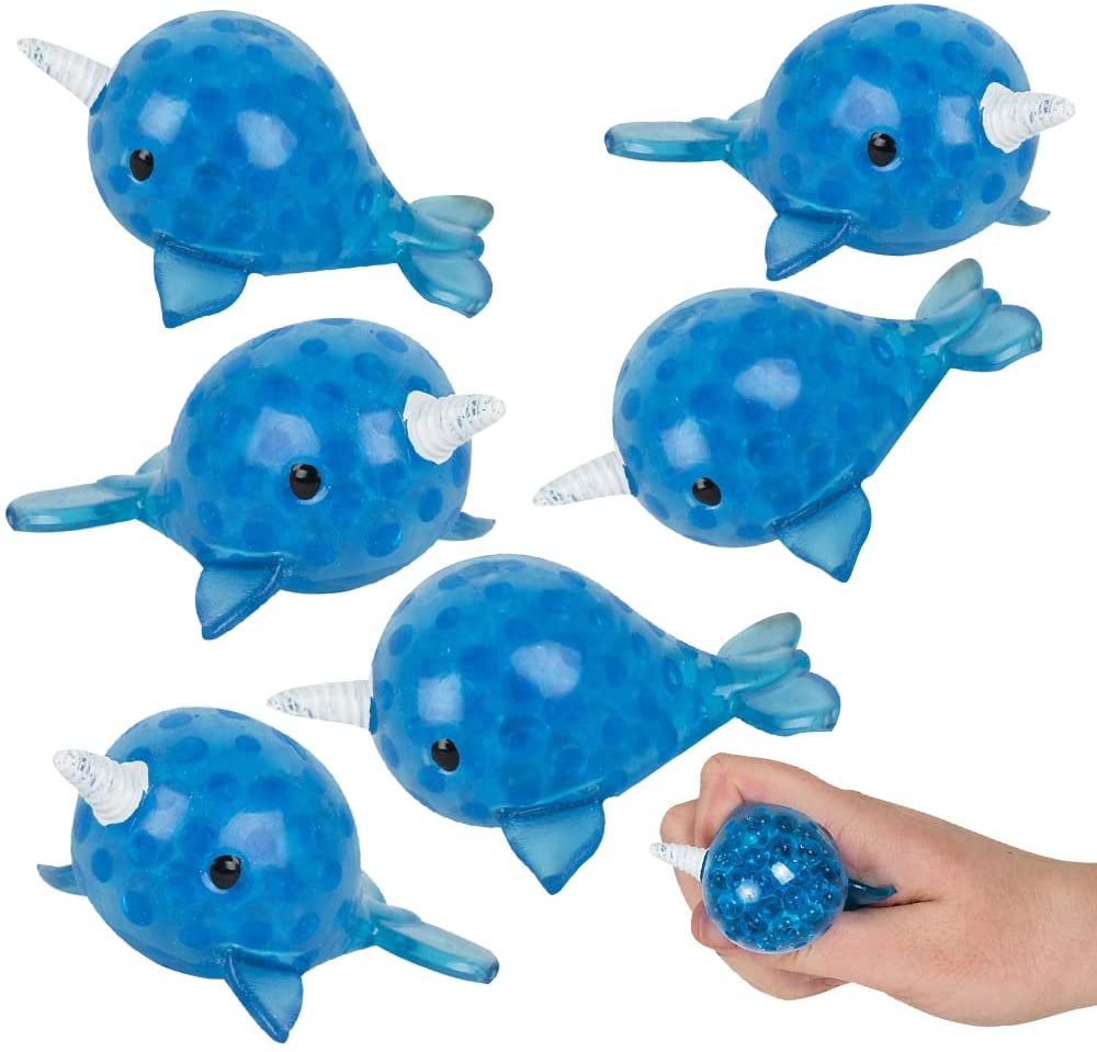 Gel Bead Narwhal Toy with Squeezy Water Beads, Set of 6, Cute Stress Relief Sensory Toys for Boys and Girls, Fun Underwater Birthday Party Favors and Goodie Bag Fillers for Kids