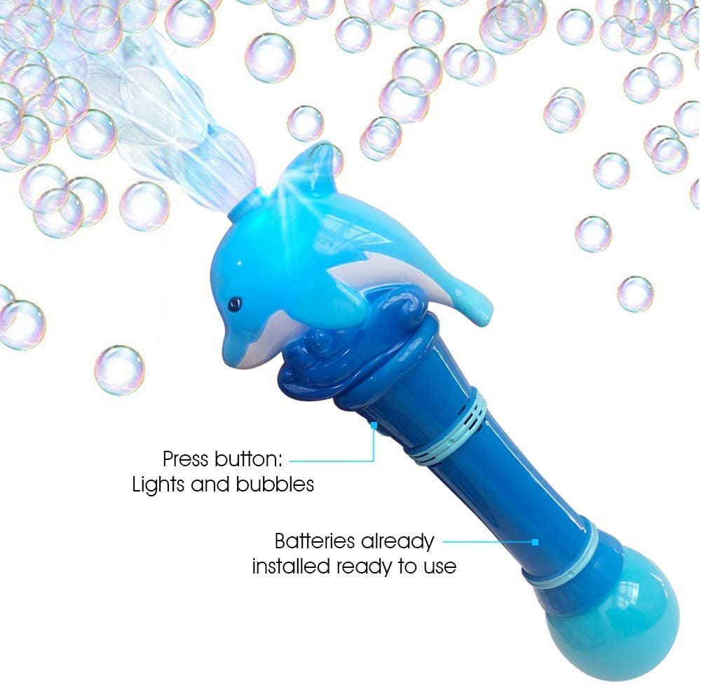 Light Up Dolphin Bubble Blower Wand - 12" Illuminating Bubble Blower with Thrilling LED Effects for Kids, Batteries and Bubble Fluid Included, Great Gift Idea, Party Favor