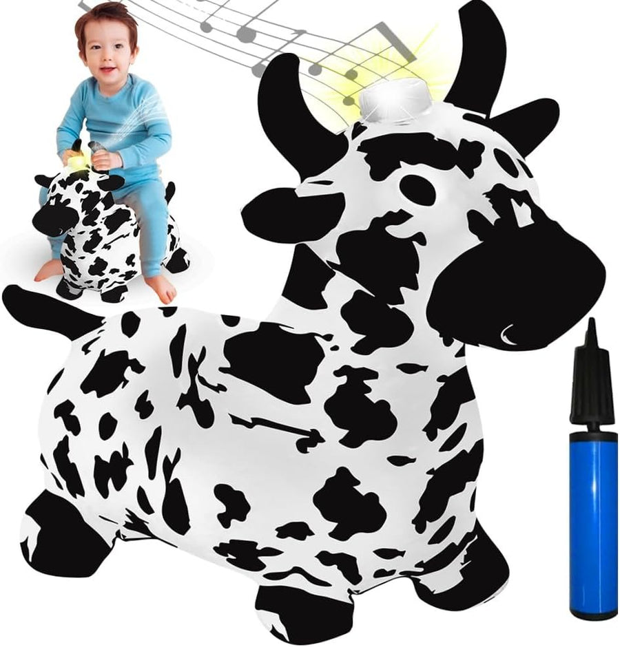 Light Up Bouncy Horse Toy, Cow Hopper Horse with Music, Ride on Horse, Inflatable Animal Hopper for Active Indoor and Outdoor Play, Inflatable Plush Animal Covered Cow Toy for Kids (Pump Included)