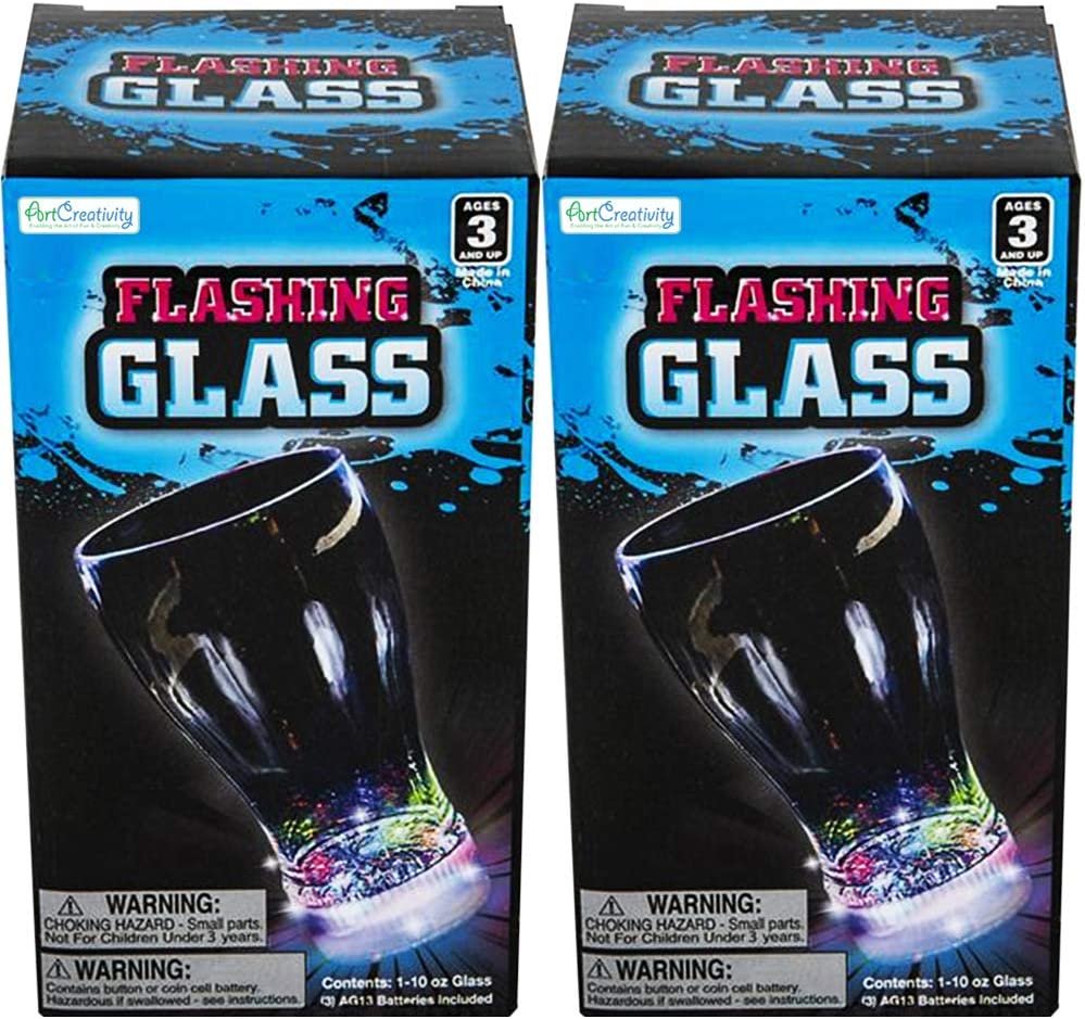LED Multi-Color Light Flashing Glass (10 Oz) Set of 2 for Kids, With Push Button & Batteries - Light Up Drinking Glass for Cocktail & Kids’ Theme Parties, Christmas & New Year’s Eve