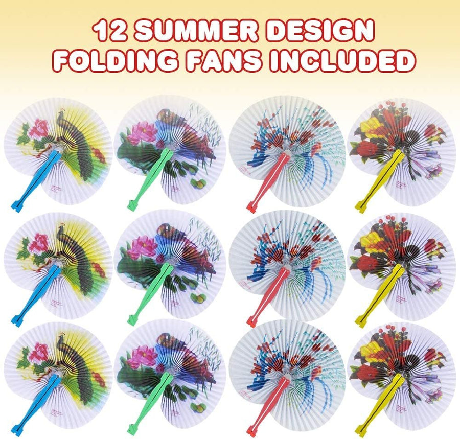 ArtCreativity 10 Inch Handheld Folding Fans, Pack of 12 White Foldable Fans with Assorted Designs & Colorful Plastic Handles, Goodie Bag Filler, Party Favors & Supplies, Fun Novelties & Gifts for Kids