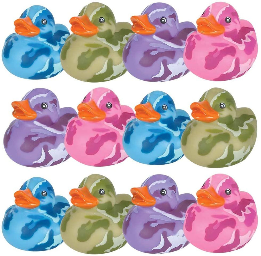 2" Camouflage Rubber Duckies, Pack of 12, Cute Duck Bath Tub Pool Toys in Assorted Colors, Ideal for Camo-Themed Parties, Fun Decorations, Carnival Supplies, Party Favor, Small Prize