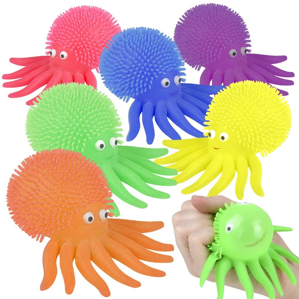 Puffer Octopus, Set of 6, Fidget Toys for Kids with Soft Rubbery Spikes, Stress Relief Toys in Assorted Colors, Party Favors, Goodie Bag Fillers for Boys and Girls