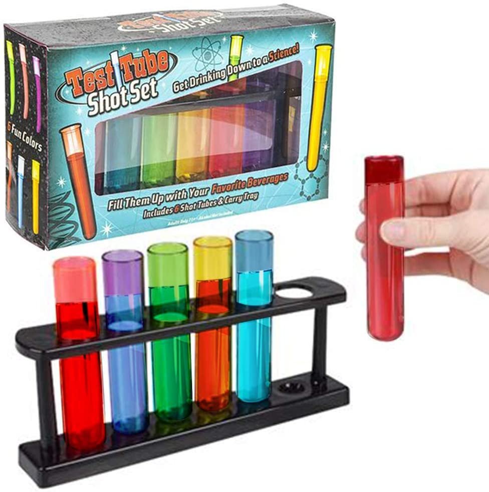 Test Tube Glass Set, 6 Plastic Laboratory Glasses with Carry Tray, Funny Scientific Gifts for Adults, Cool Chemistry Graduation Gag Gift, Unique Drinking Gifts for Men and Women